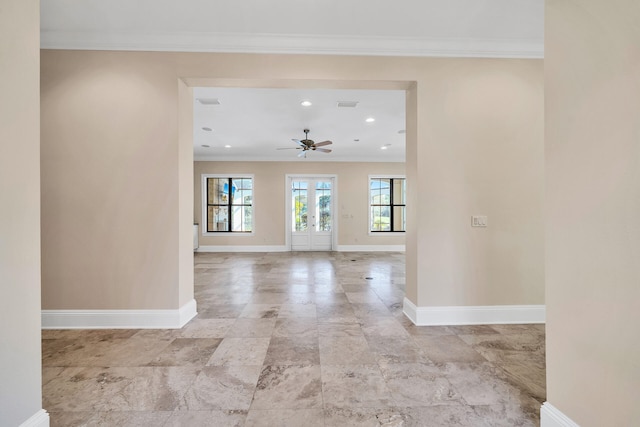 unfurnished room featuring recessed lighting, visible vents, baseboards, and ornamental molding