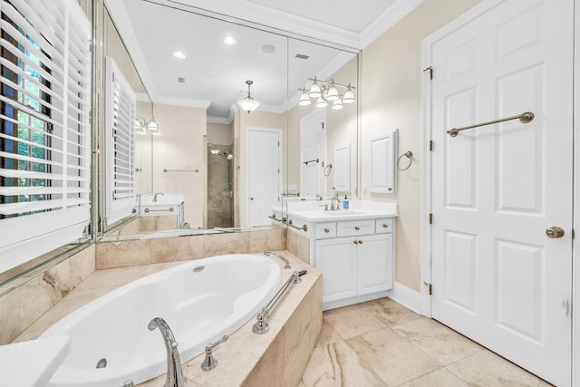 bathroom with a stall shower, ornamental molding, vanity, and a bath