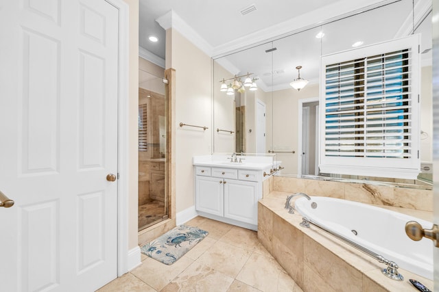 bathroom featuring a bath, a stall shower, and ornamental molding