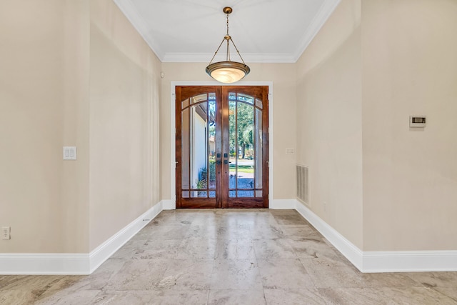 foyer with french doors, baseboards, visible vents, and ornamental molding