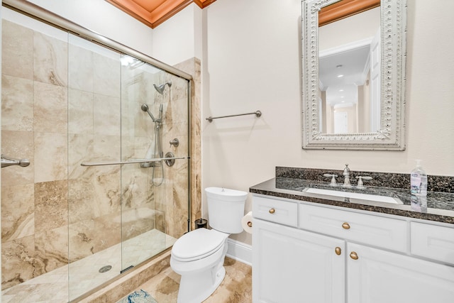 full bathroom with vanity, toilet, and a shower stall