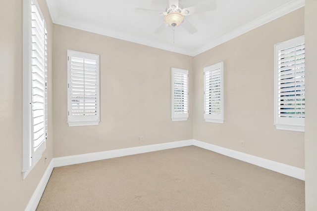 carpeted spare room with baseboards, crown molding, and a ceiling fan