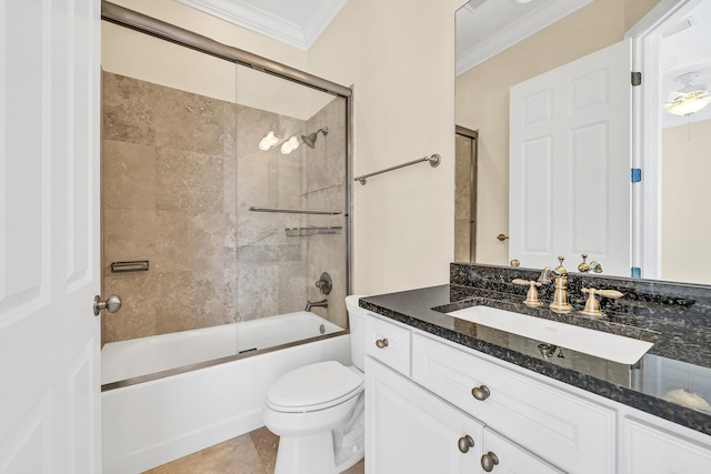 bathroom with toilet, crown molding, tile patterned flooring, bath / shower combo with glass door, and vanity