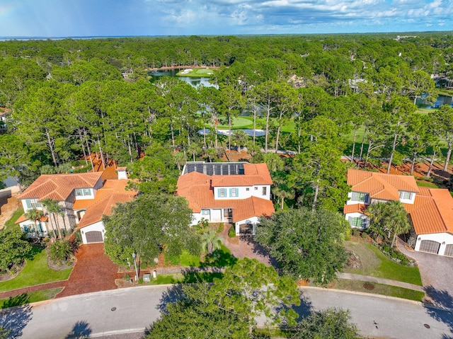 drone / aerial view featuring a residential view, a water view, and a wooded view