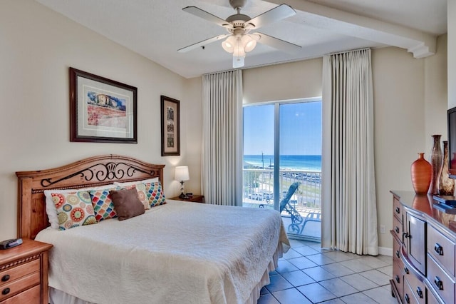 bedroom featuring light tile patterned floors, a ceiling fan, and access to outside