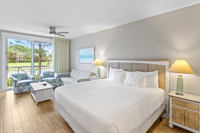 bedroom with access to exterior, a ceiling fan, and light wood-style floors