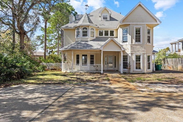 victorian house with a porch and fence