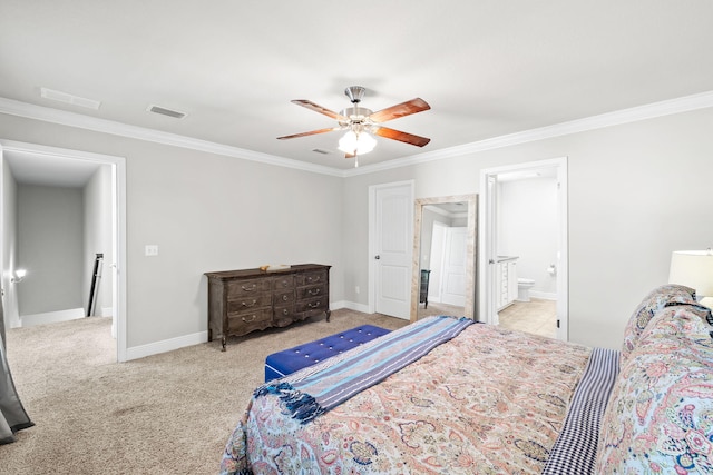 bedroom featuring visible vents, baseboards, carpet floors, ceiling fan, and crown molding