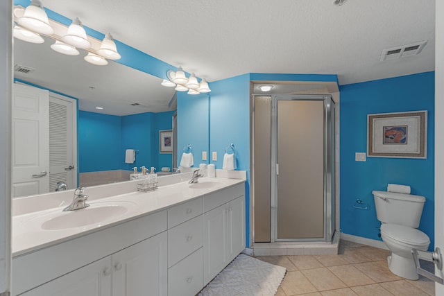 full bath with tile patterned flooring, visible vents, a shower stall, toilet, and a sink