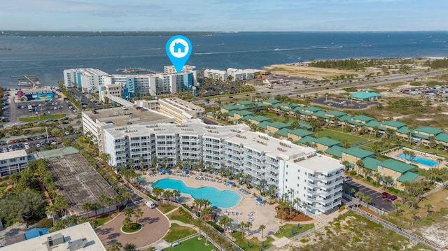 drone / aerial view with a water view and a view of city