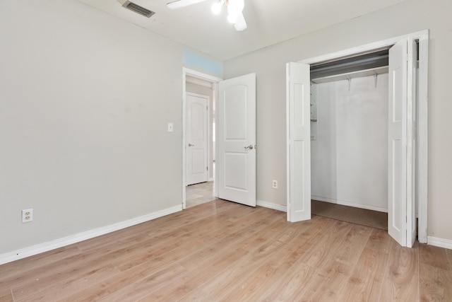 1634 N Campbell Dr, Fort Walton Beach, FL 32547 - unfurnished bedroom featuring visible vents, a closet, light wood-style floors, baseboards, and a ceiling fan