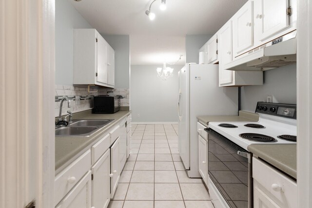1634 N Campbell Dr, Fort Walton Beach, FL 32547 - kitchen featuring black microwave, white range with electric cooktop, under cabinet range hood, a sink, and light tile patterned floors