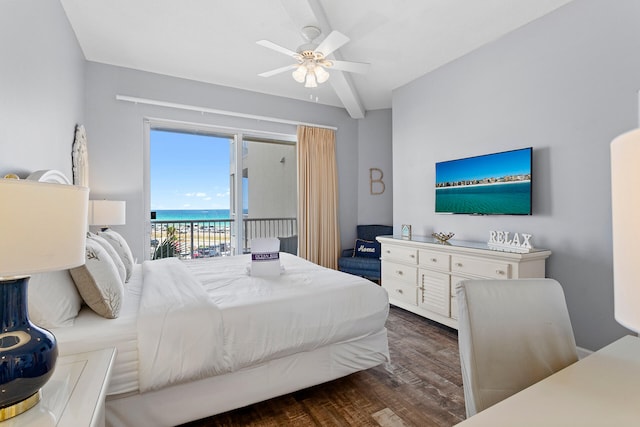 bedroom with wood finished floors, ceiling fan, and access to outside