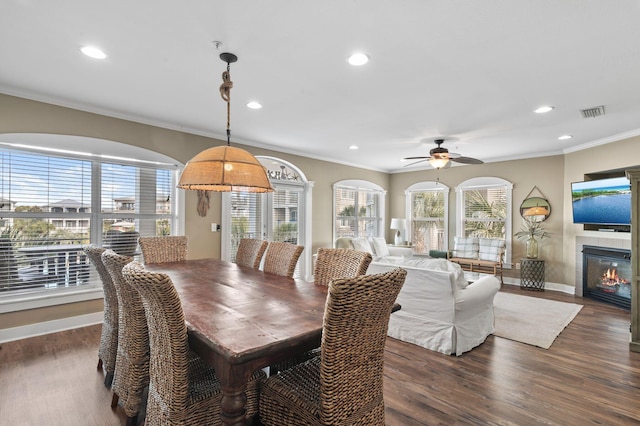 dining space with a fireplace, crown molding, wood finished floors, and a wealth of natural light