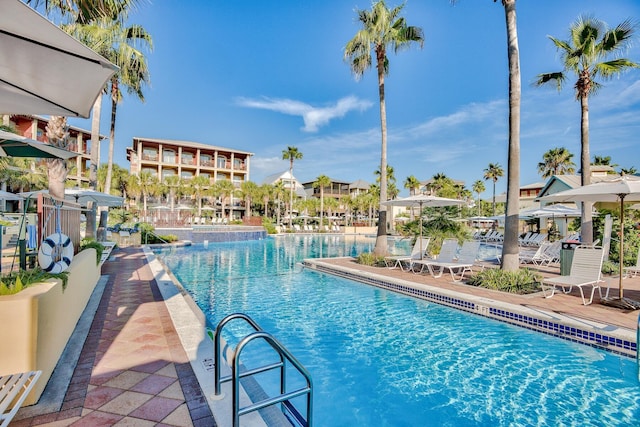 pool with a patio