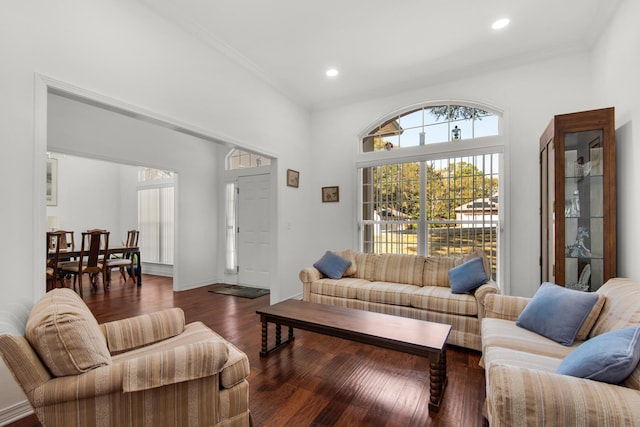 living room with recessed lighting, baseboards, ornamental molding, and wood finished floors