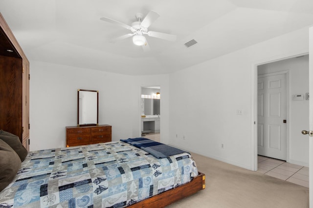 bedroom with visible vents, ceiling fan, baseboards, light carpet, and light tile patterned floors