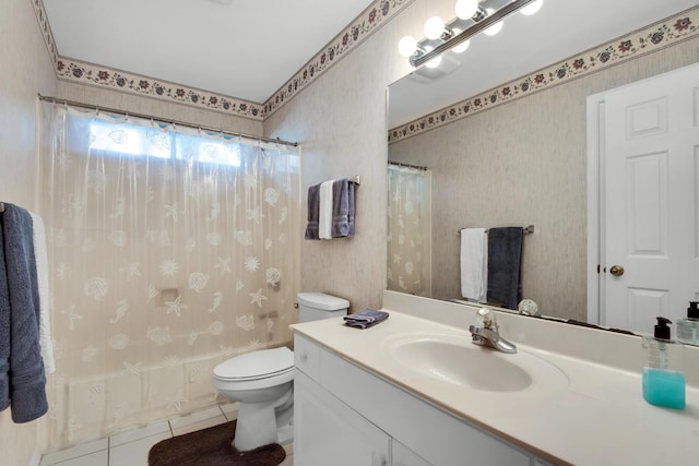 full bathroom featuring tile patterned floors, toilet, wallpapered walls, and vanity