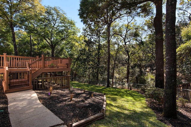 view of yard with a wooden deck and fence