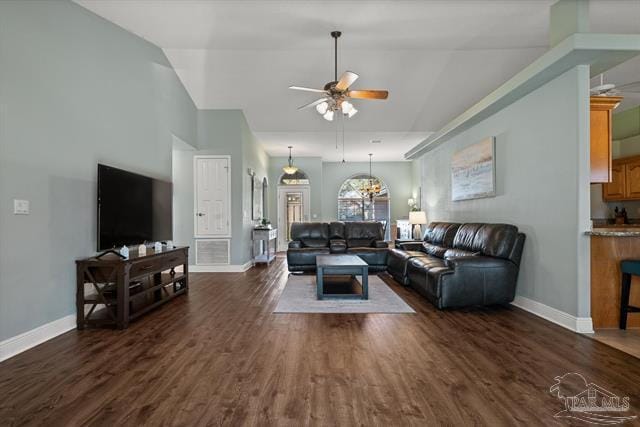 1607 Woodlawn Way, Gulf Breeze, FL 32563 - living room featuring a ceiling fan, dark wood-style flooring, and high vaulted ceiling