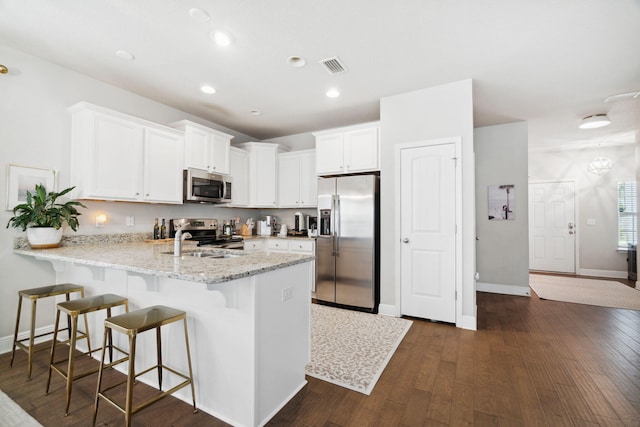 kitchen with visible vents, a peninsula, a sink, white cabinets, and appliances with stainless steel finishes