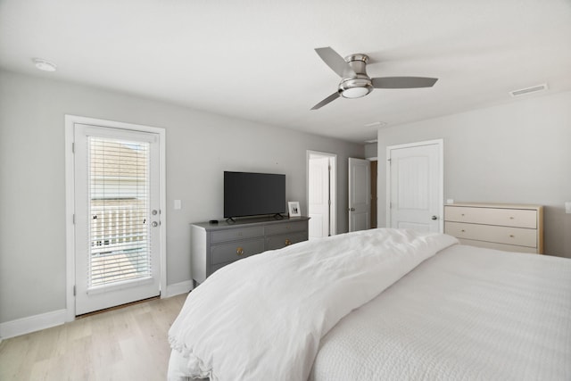 bedroom with baseboards, visible vents, ceiling fan, access to exterior, and light wood-style floors