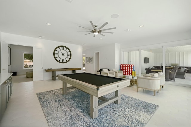 rec room featuring recessed lighting, ceiling fan, and billiards