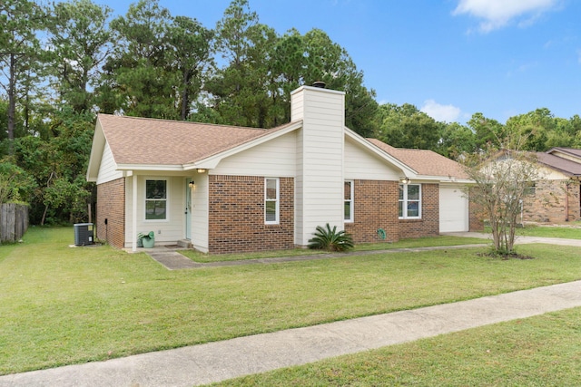 ranch-style house with brick siding, a front lawn, central air condition unit, a chimney, and a garage