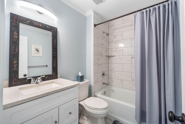 bathroom featuring shower / bathtub combination with curtain, toilet, visible vents, and vanity