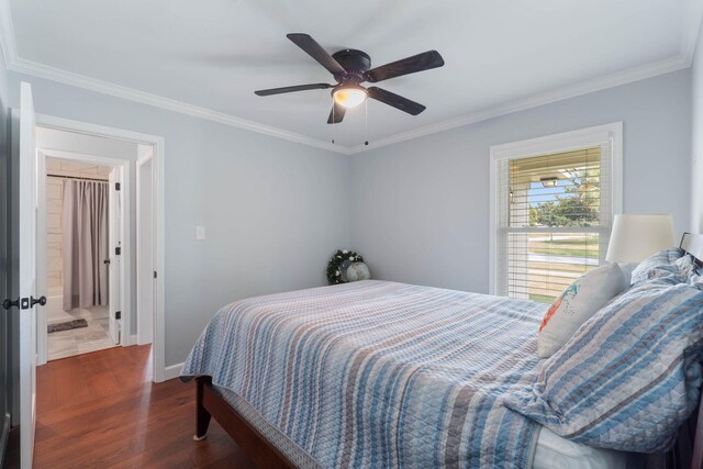 bedroom with ornamental molding, a ceiling fan, baseboards, and wood finished floors