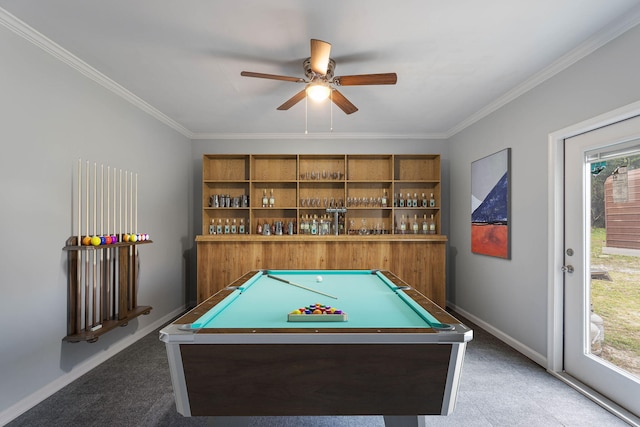 game room with pool table, crown molding, a ceiling fan, and baseboards