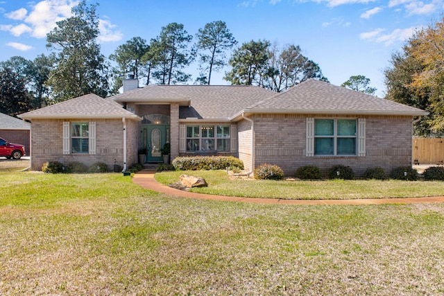 ranch-style house featuring brick siding, a chimney, a front lawn, and a shingled roof