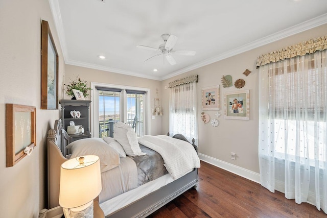 bedroom with ornamental molding, access to exterior, wood finished floors, baseboards, and ceiling fan