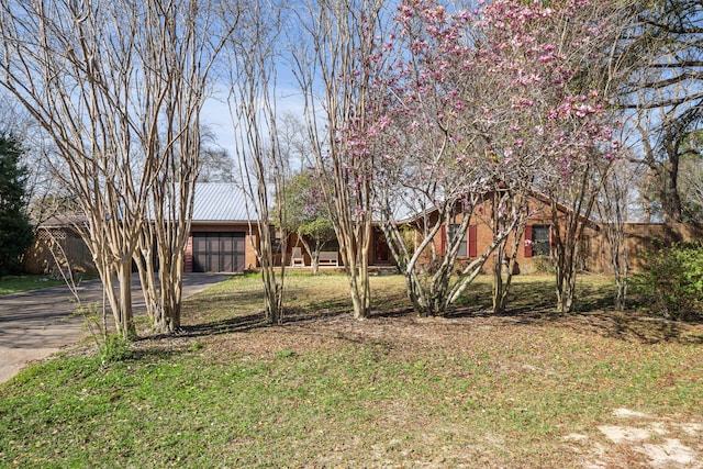 view of yard with a garage and driveway