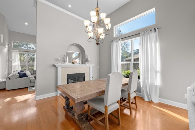 dining room featuring light wood-type flooring, baseboards, plenty of natural light, and a fireplace