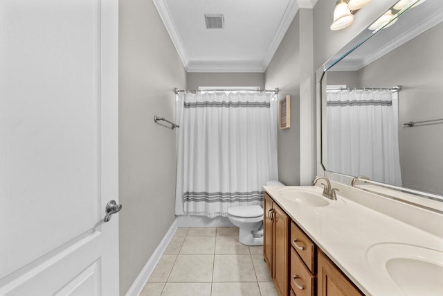 full bathroom featuring visible vents, toilet, a sink, crown molding, and tile patterned flooring