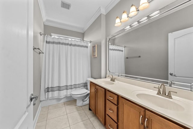 full bathroom with tile patterned floors, ornamental molding, visible vents, and a sink