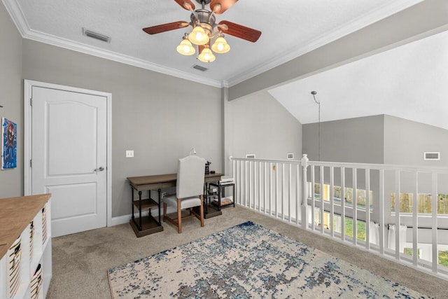 office area with visible vents, carpet, and ornamental molding