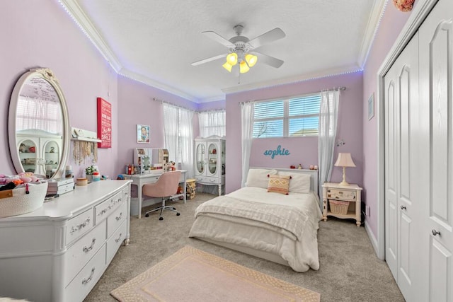 bedroom with crown molding, multiple windows, and light carpet