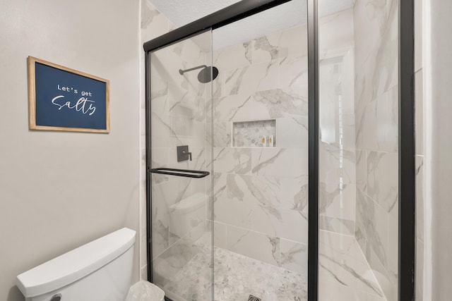 bathroom with a stall shower and toilet