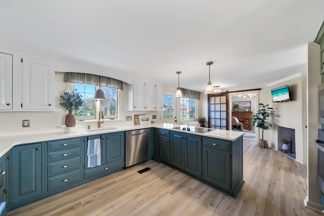 kitchen featuring white cabinetry, a peninsula, a sink, stainless steel dishwasher, and black electric cooktop