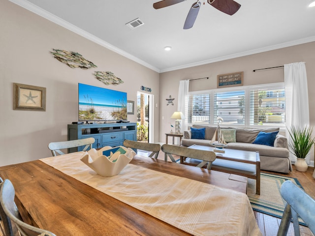 dining area with recessed lighting, visible vents, ceiling fan, and crown molding