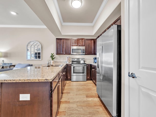 kitchen with light wood-type flooring, ornamental molding, a sink, a peninsula, and appliances with stainless steel finishes