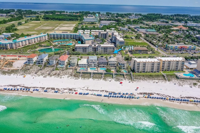 bird's eye view with a view of the beach and a water view