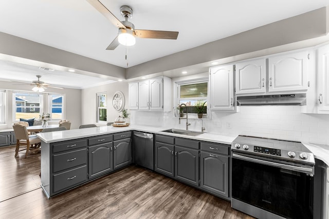 kitchen with under cabinet range hood, a peninsula, stainless steel appliances, white cabinetry, and a sink