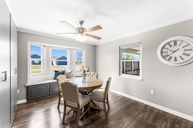 dining room with ceiling fan, dark wood-type flooring, baseboards, and ornamental molding