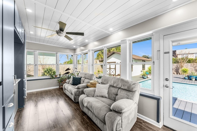 sunroom / solarium featuring plenty of natural light, wood ceiling, and ceiling fan