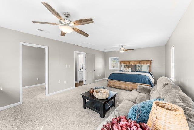 bedroom featuring visible vents, baseboards, ceiling fan, and carpet flooring