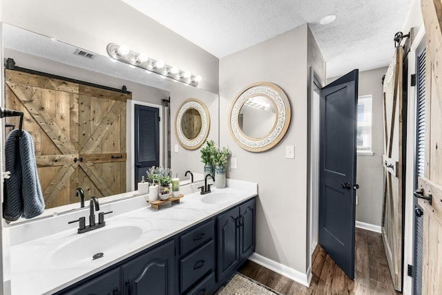 bathroom featuring a textured ceiling, wood finished floors, baseboards, and a sink