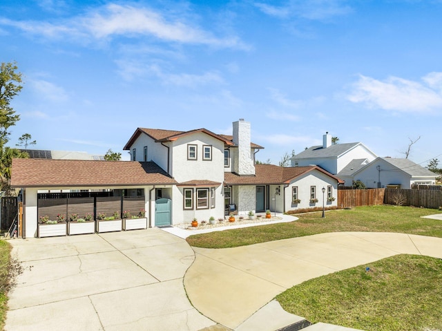 view of front of home with a front lawn, fence, concrete driveway, a chimney, and a garage